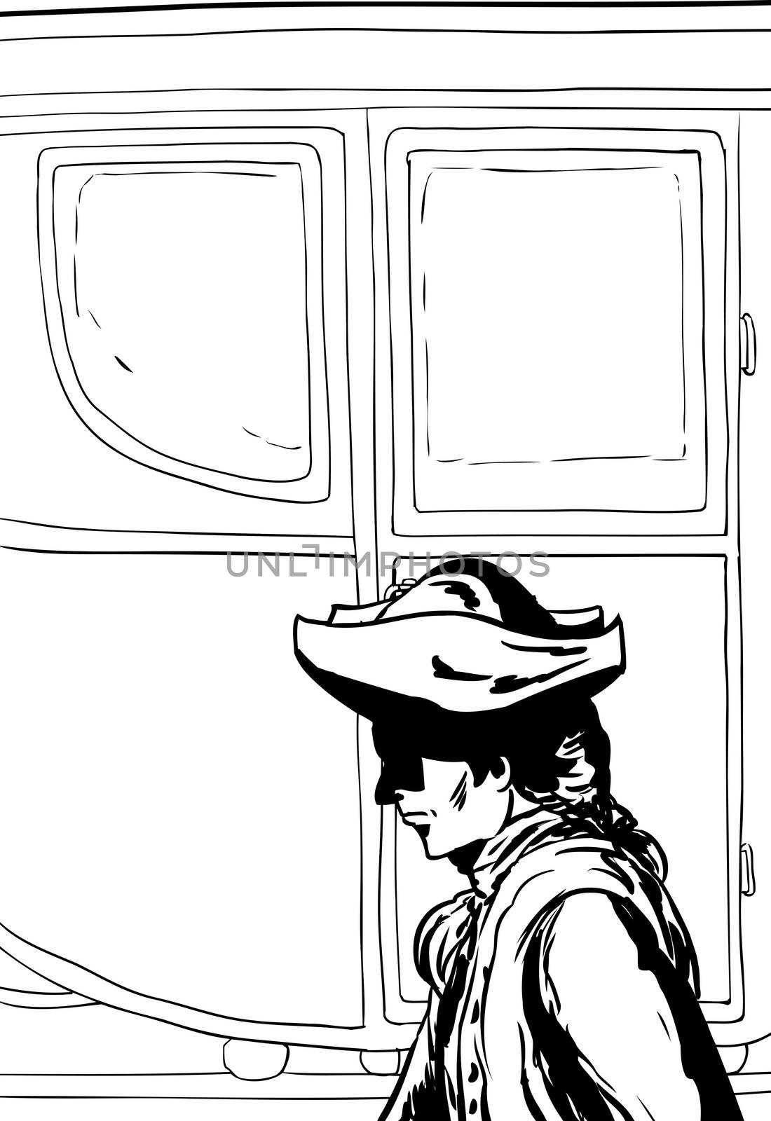 Outlined side view of 18th century man in hat walking past fancy empty buggy