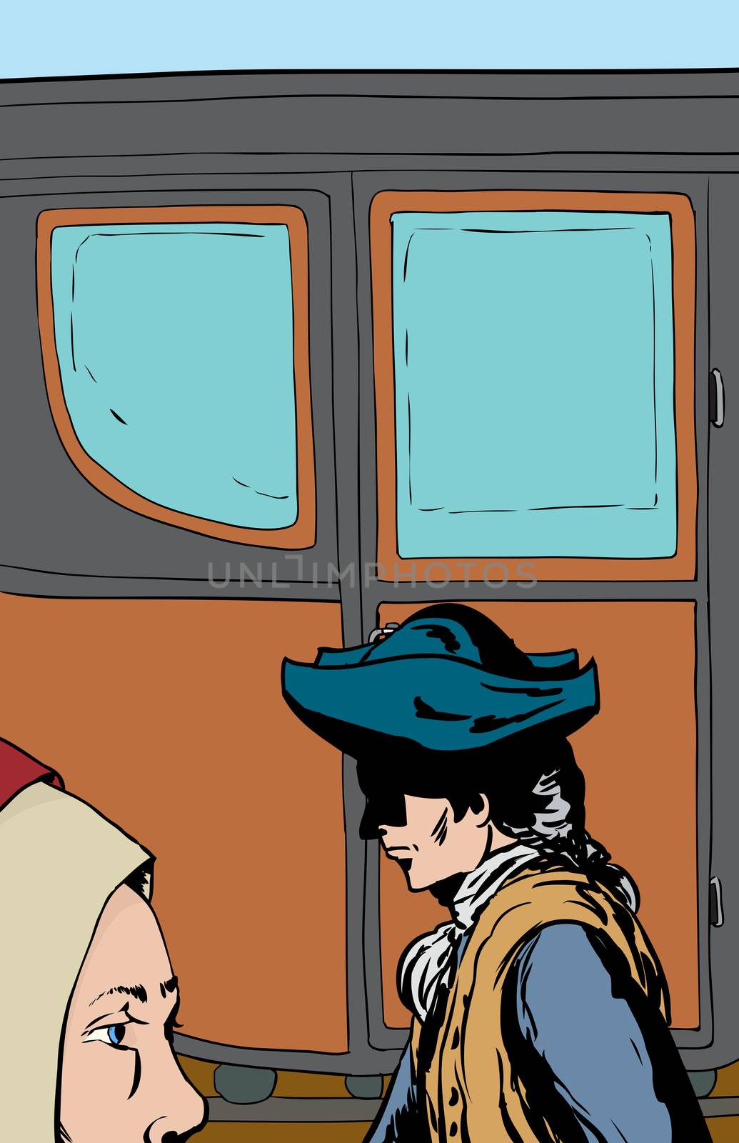 Man and woman walking past empty 18th century style carriage
