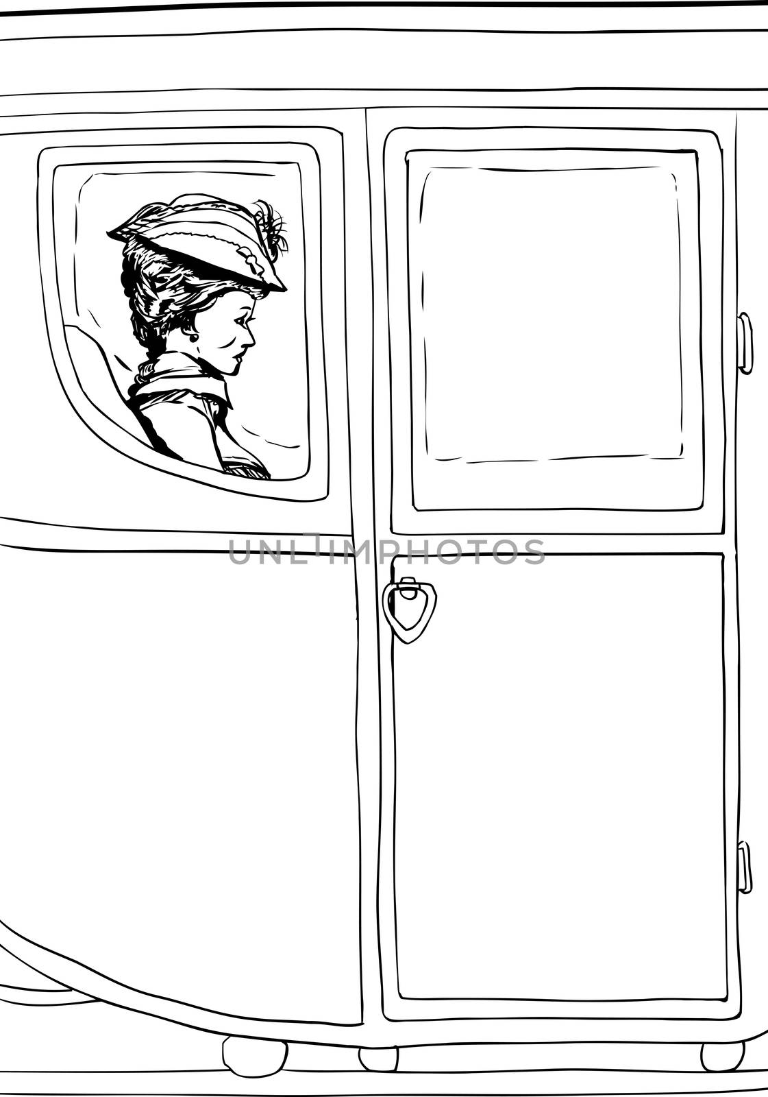 Outline of wealthy 18th century woman seated in luxurious carriage with glass windows