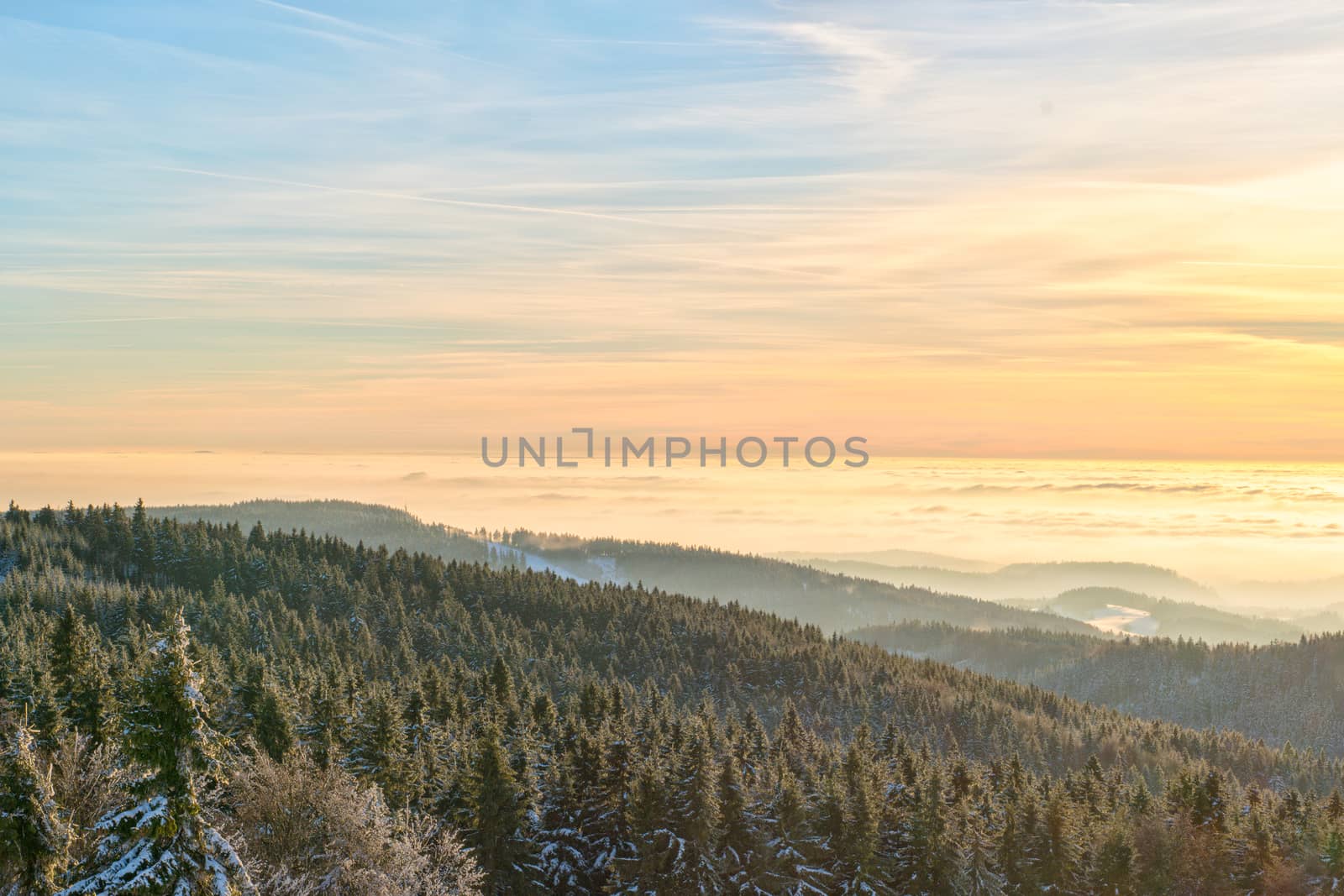 Amazing evening with sunset in Eagle mountains. Beautiful mountain within inversion