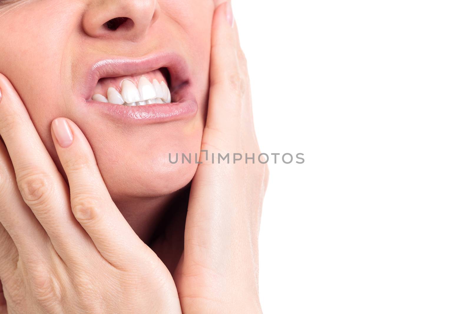 Woman with a toothpain, isolated on white background