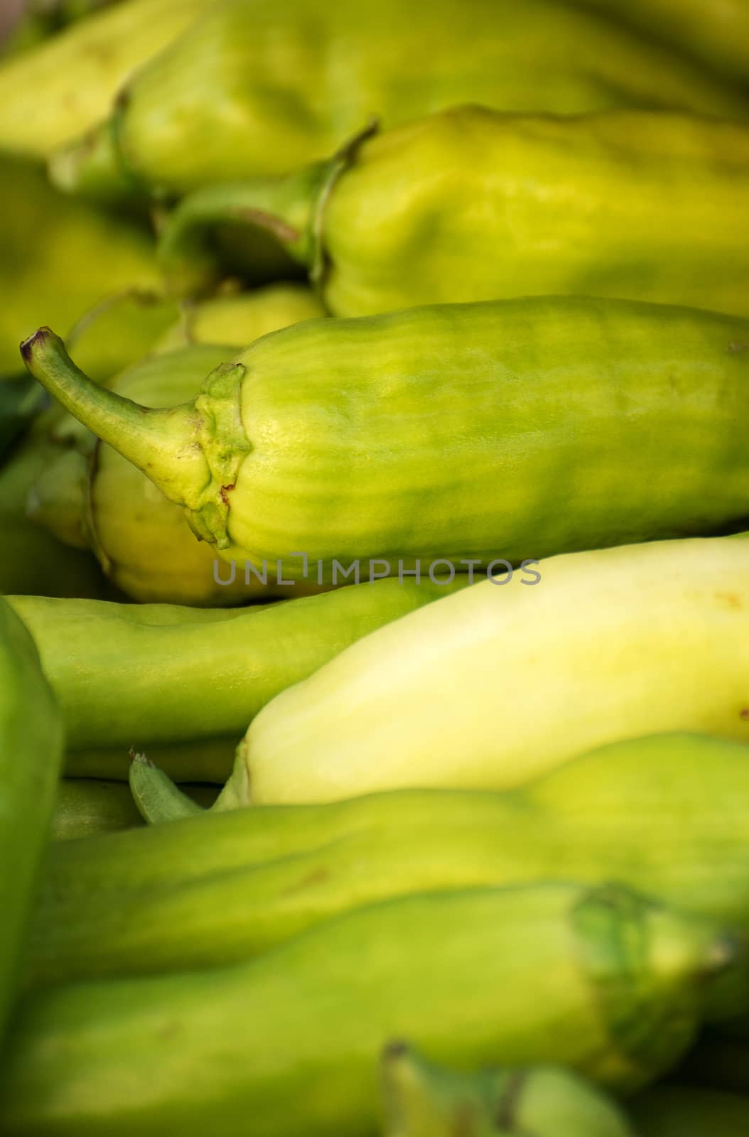 Green banana peppers on the market.