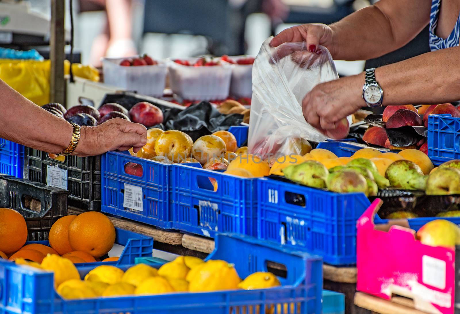 Elderly woman buying fruits on the market. by dmitrimaruta