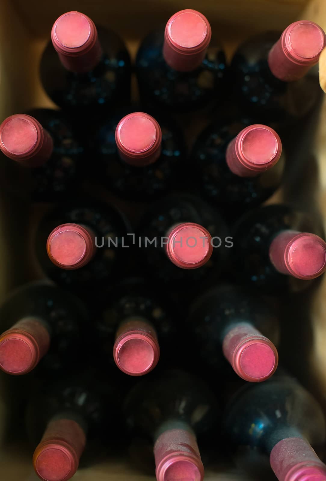 Wine bottles in the wine store. Top view. by dmitrimaruta