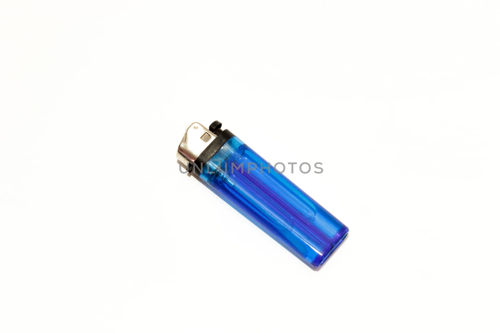 Blue disposable cigarette lighter on white background