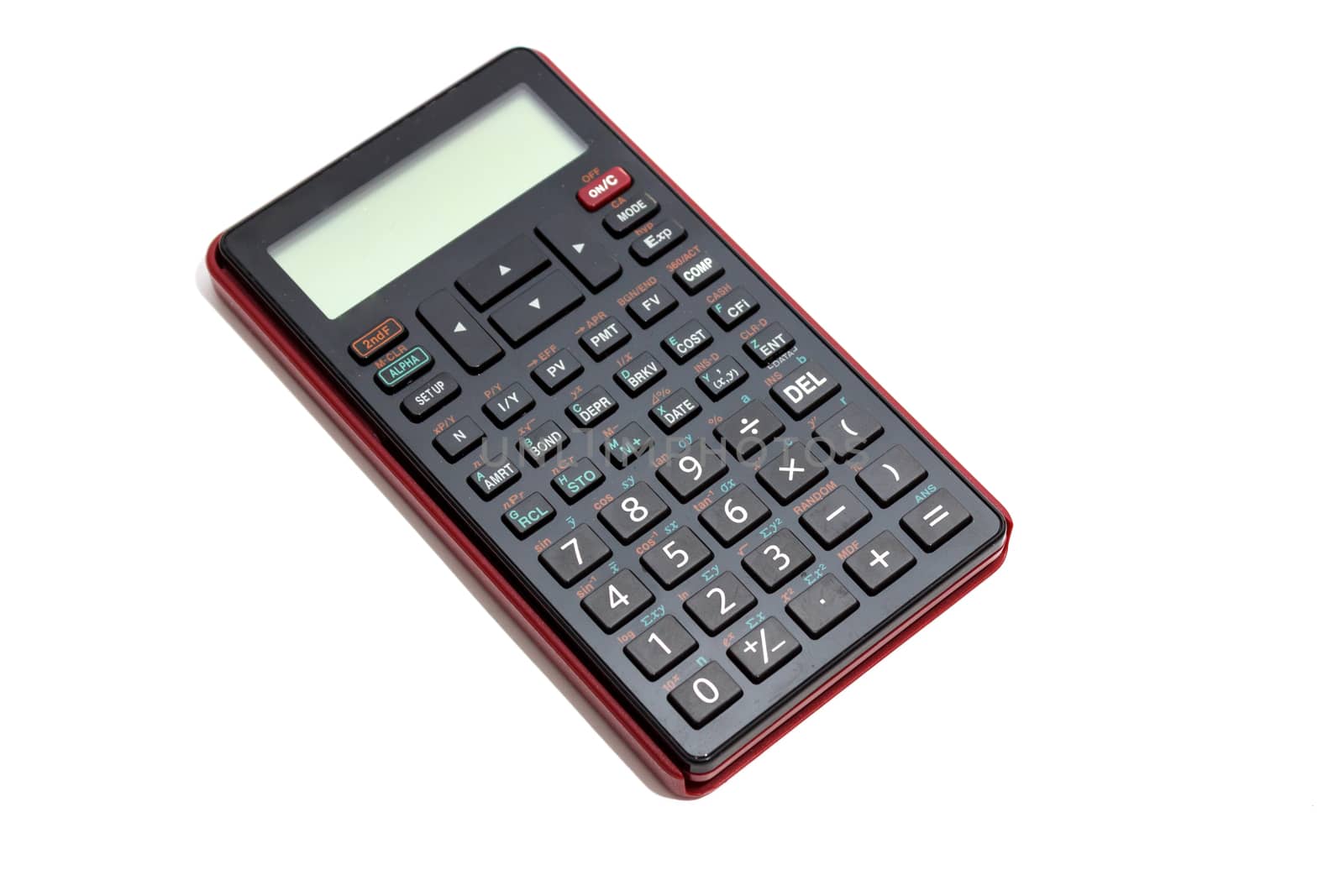 Black calculator isolated on white background by RiaanAlbrecht