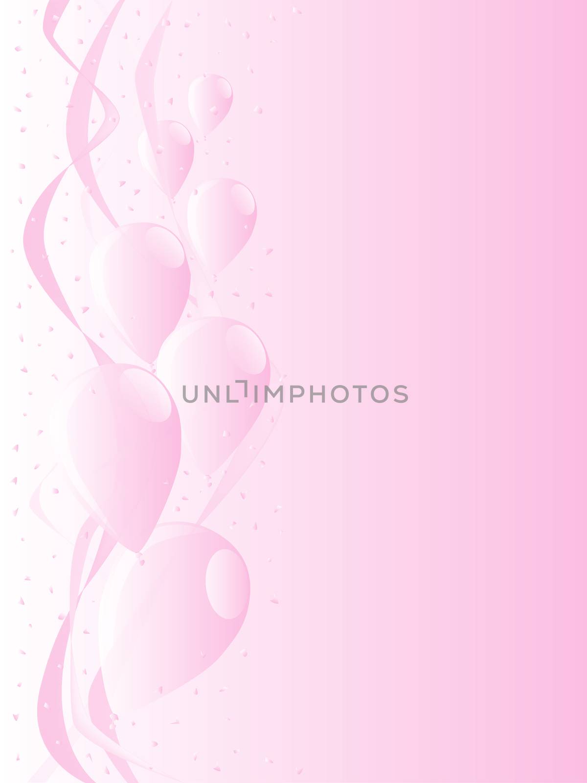 Pink balloons, confetti and streamers, a party image.