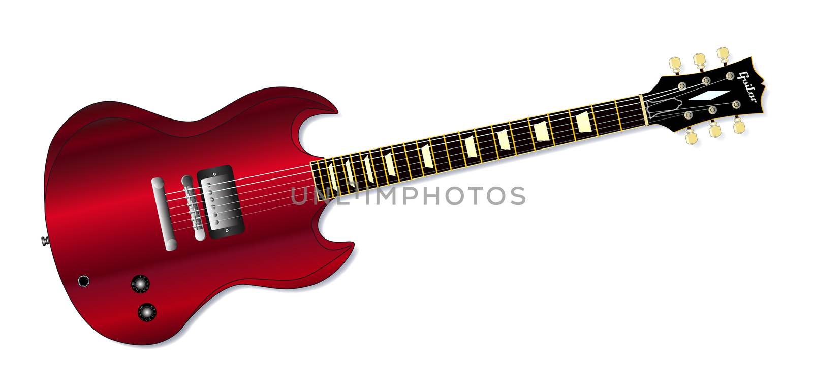A solid body electric guitar set in a white background.