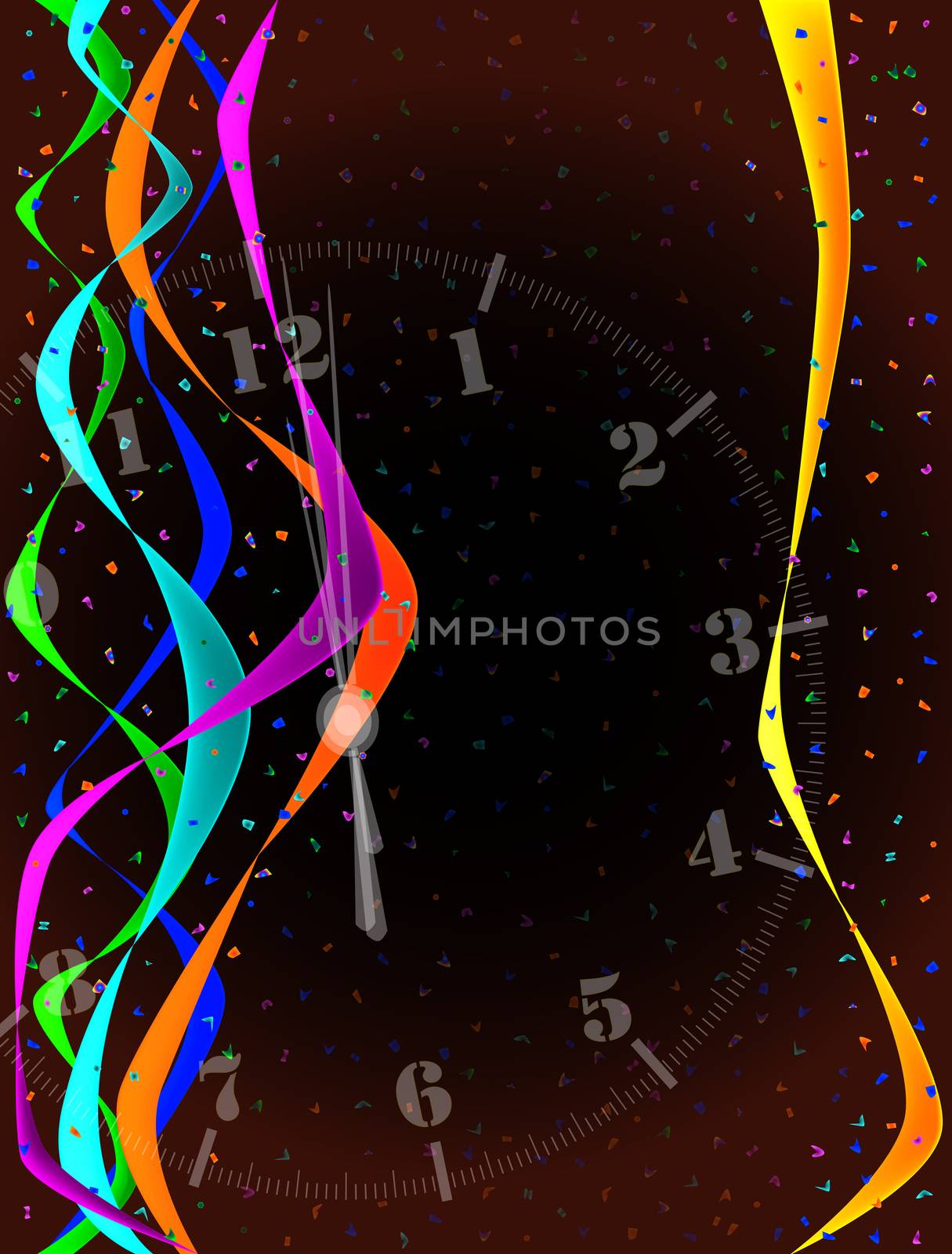 A clock showing midnight with streamers and confetti