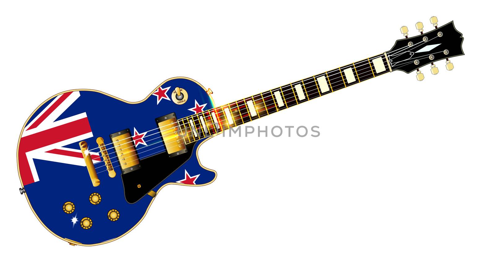 The definitive rock and roll guitar with the New Zealand flag isolated over a white background.