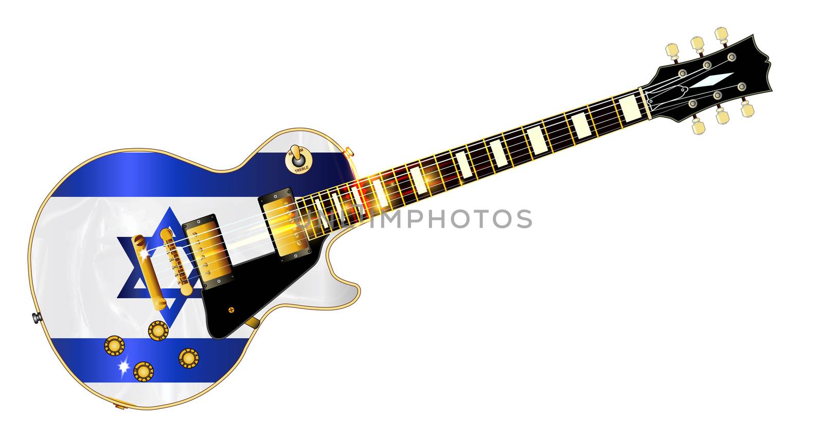 The definitive rock and roll guitar with the Israeli flag isolated over a white background.