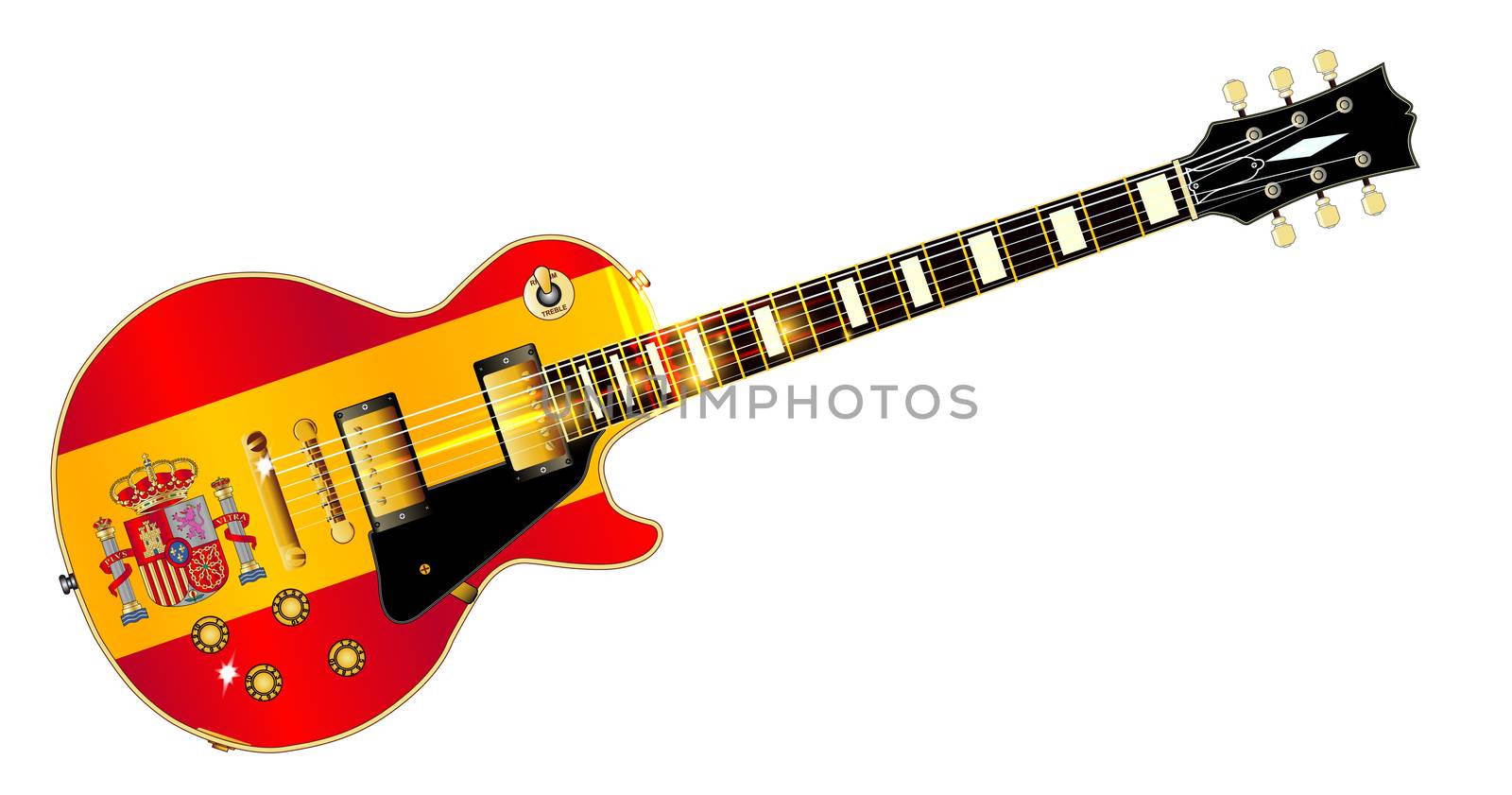 The definitive rock and roll guitar with the Spanish flag isolated over a white background.