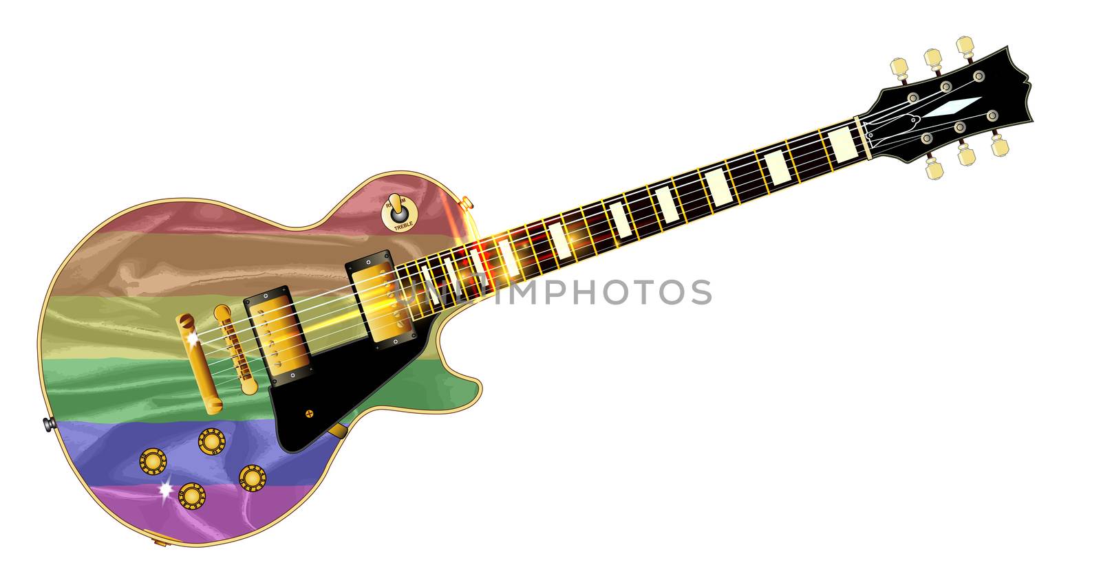 The definitive rock and roll guitar with the Gay Pride flag isolated over a white background.