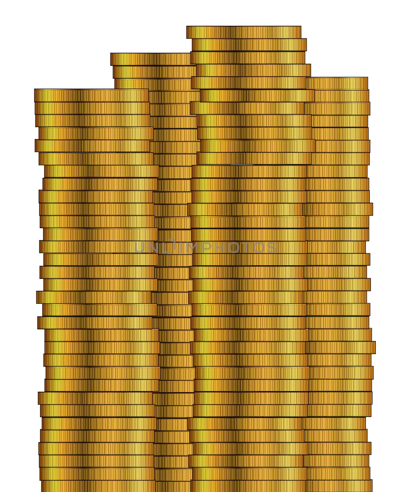 Piles of gold coins isolated on a white background