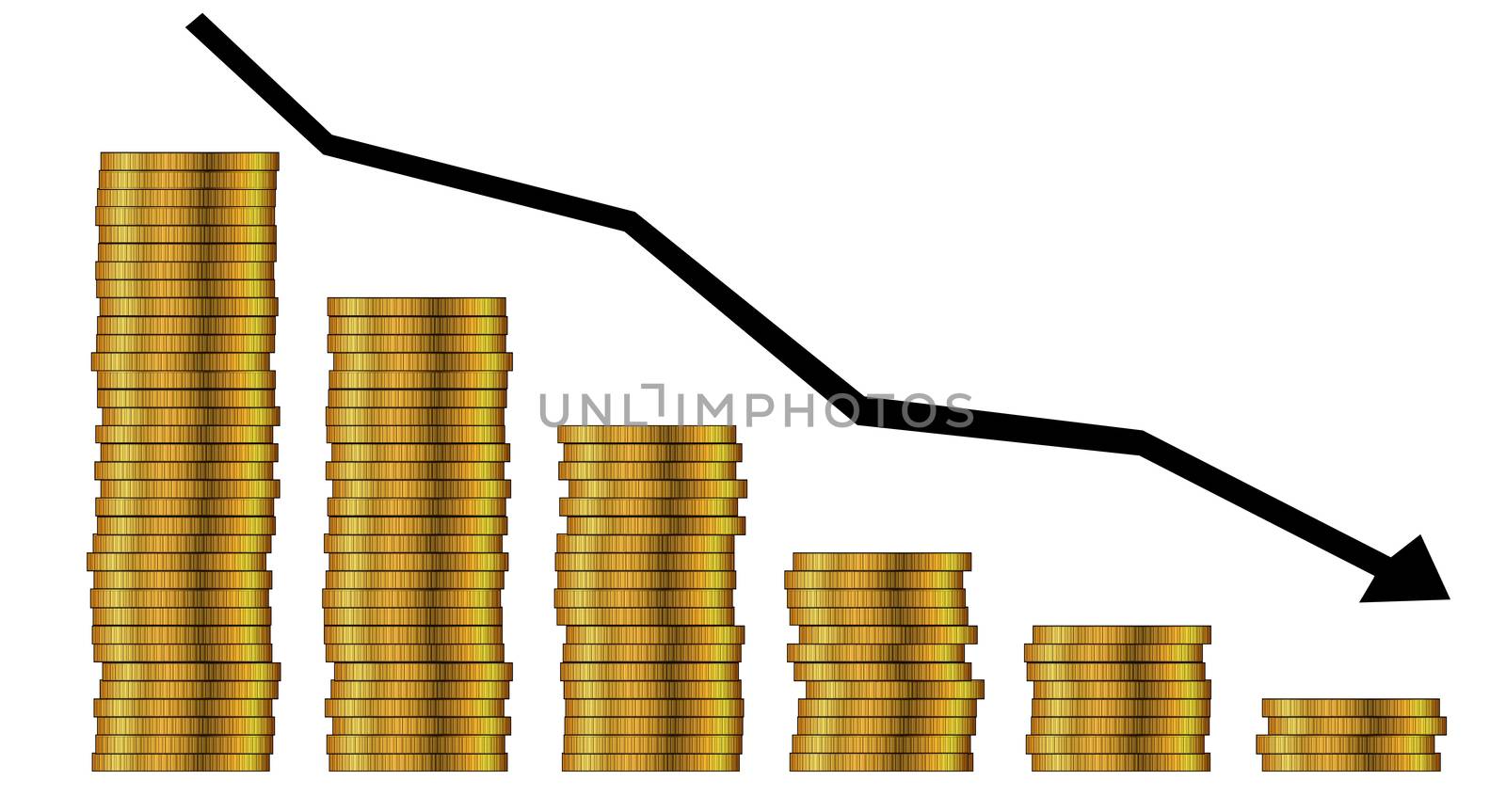A stack of coins and an arrow pointing downwards over a white background