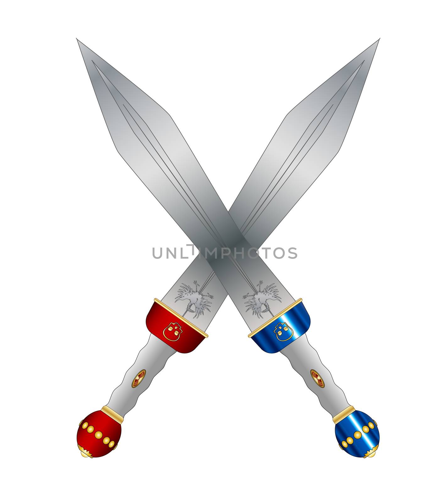 A pair of crossed swords as used by the Roman soldiers and gladiators isolated on a white background.