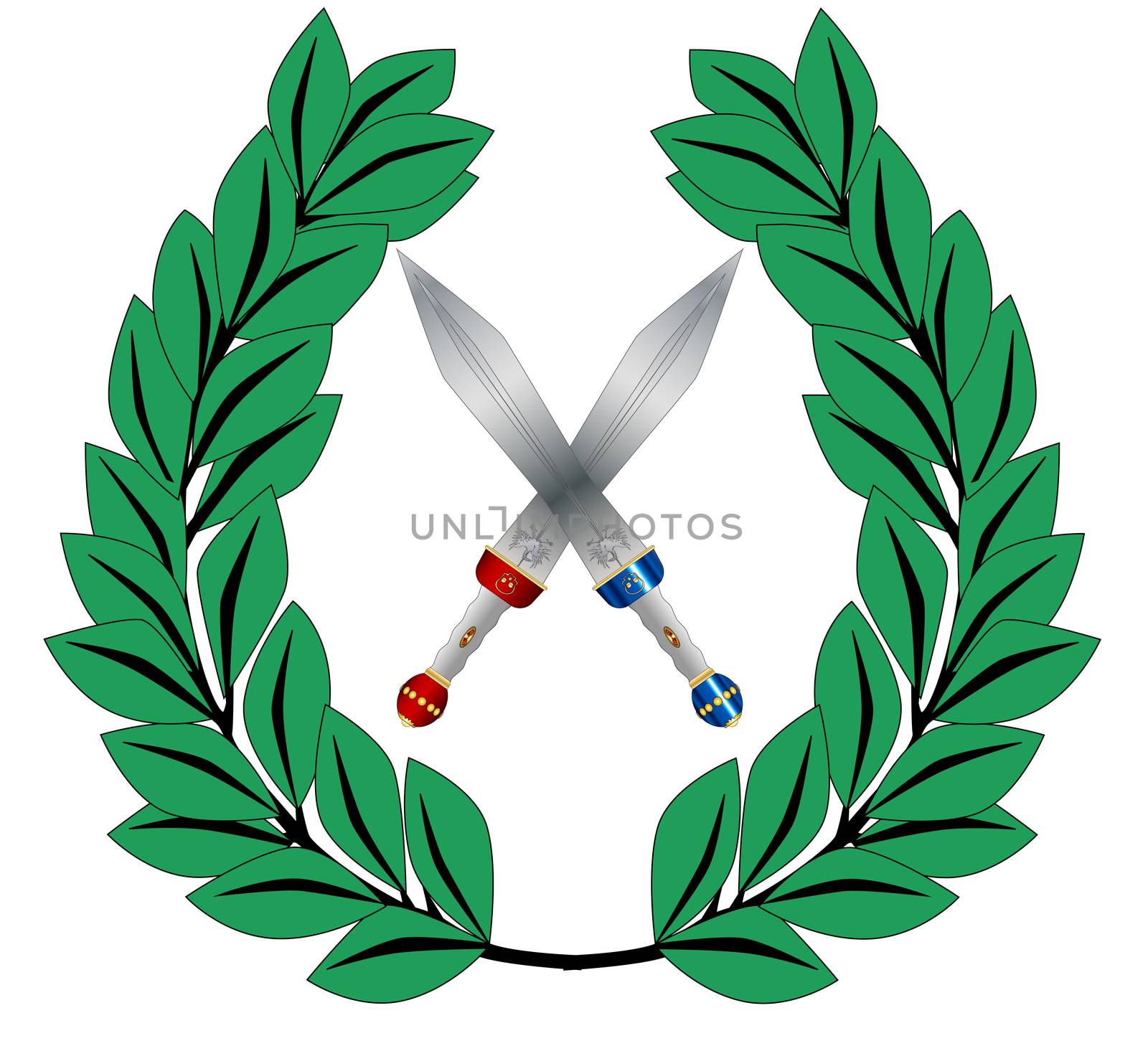 A crown of olives and a two crosse gladiator sword isolated on a white background