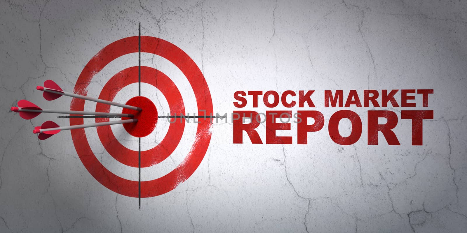 Success currency concept: arrows hitting the center of target, Red Stock Market Report on wall background, 3D rendering