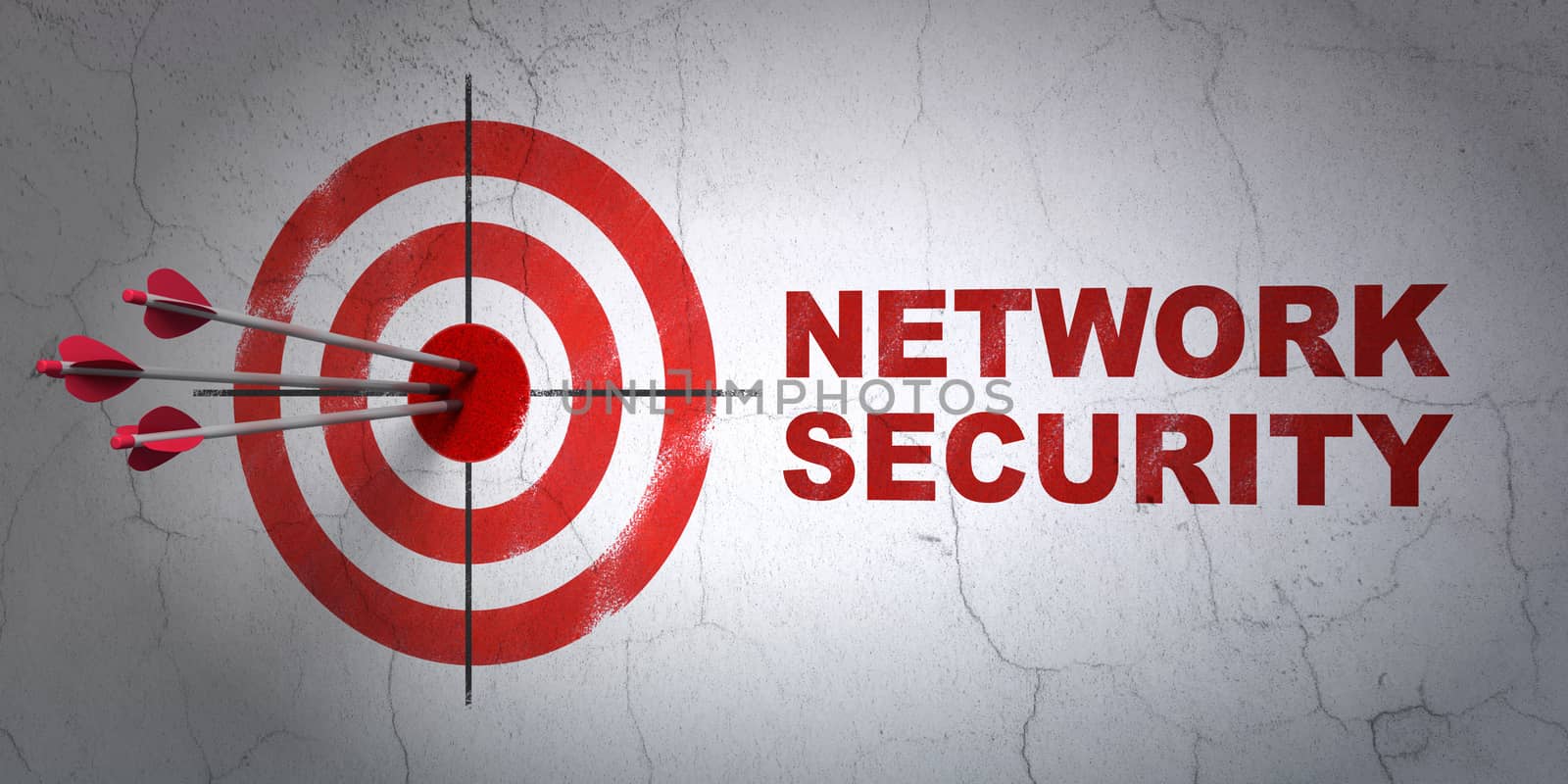 Success protection concept: arrows hitting the center of target, Red Network Security on wall background, 3D rendering