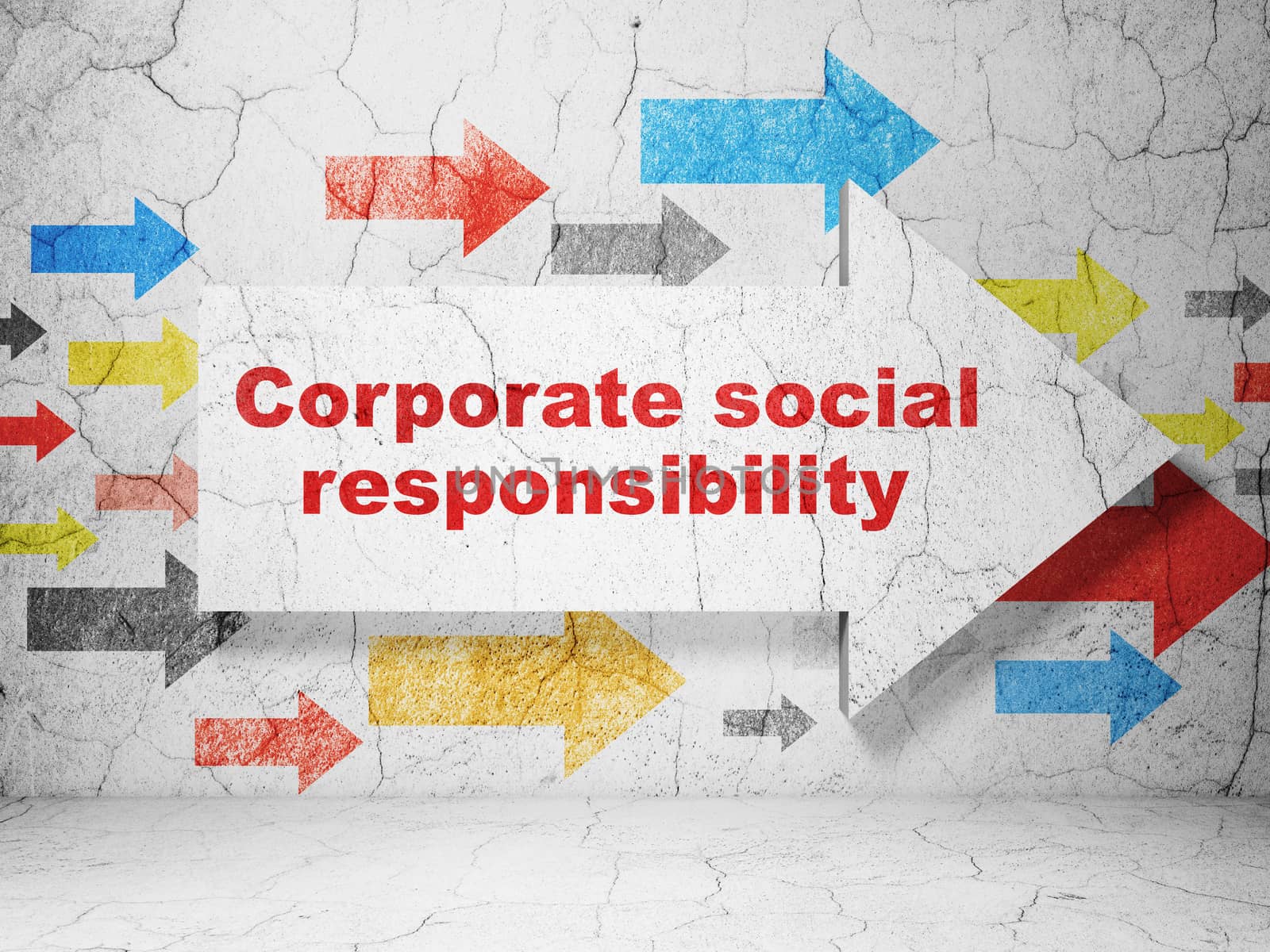 Business concept:  arrow with Corporate Social Responsibility on grunge textured concrete wall background, 3D rendering