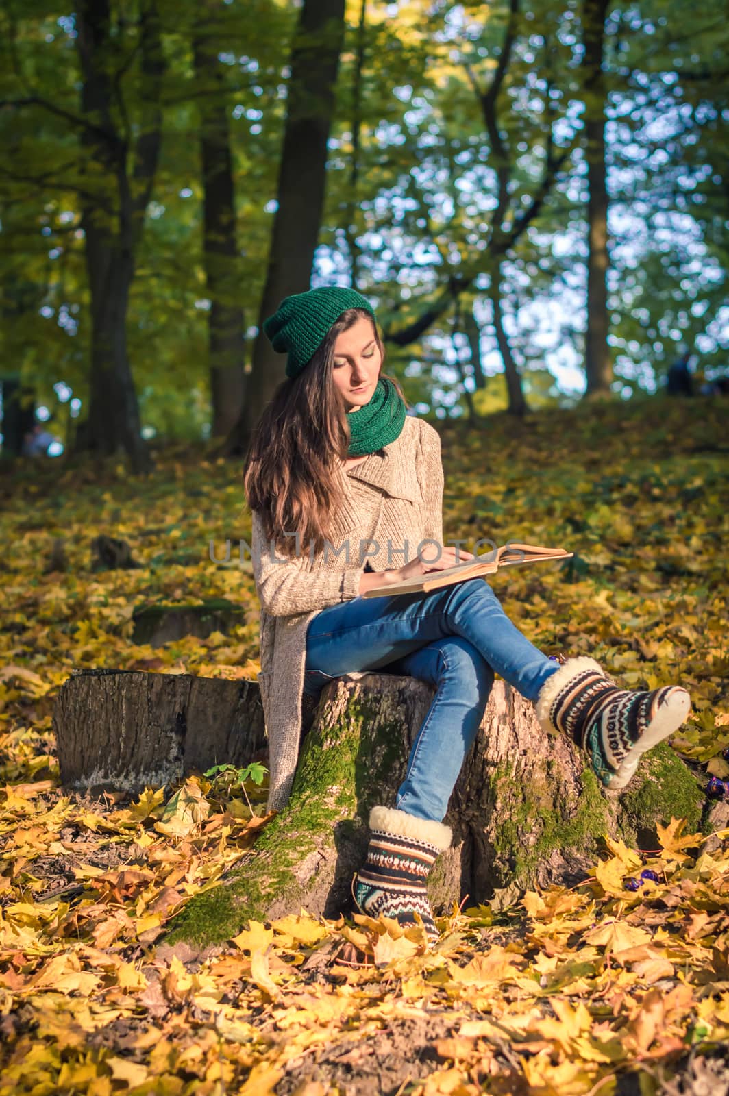 girl sits on the stump in the park, reading a book