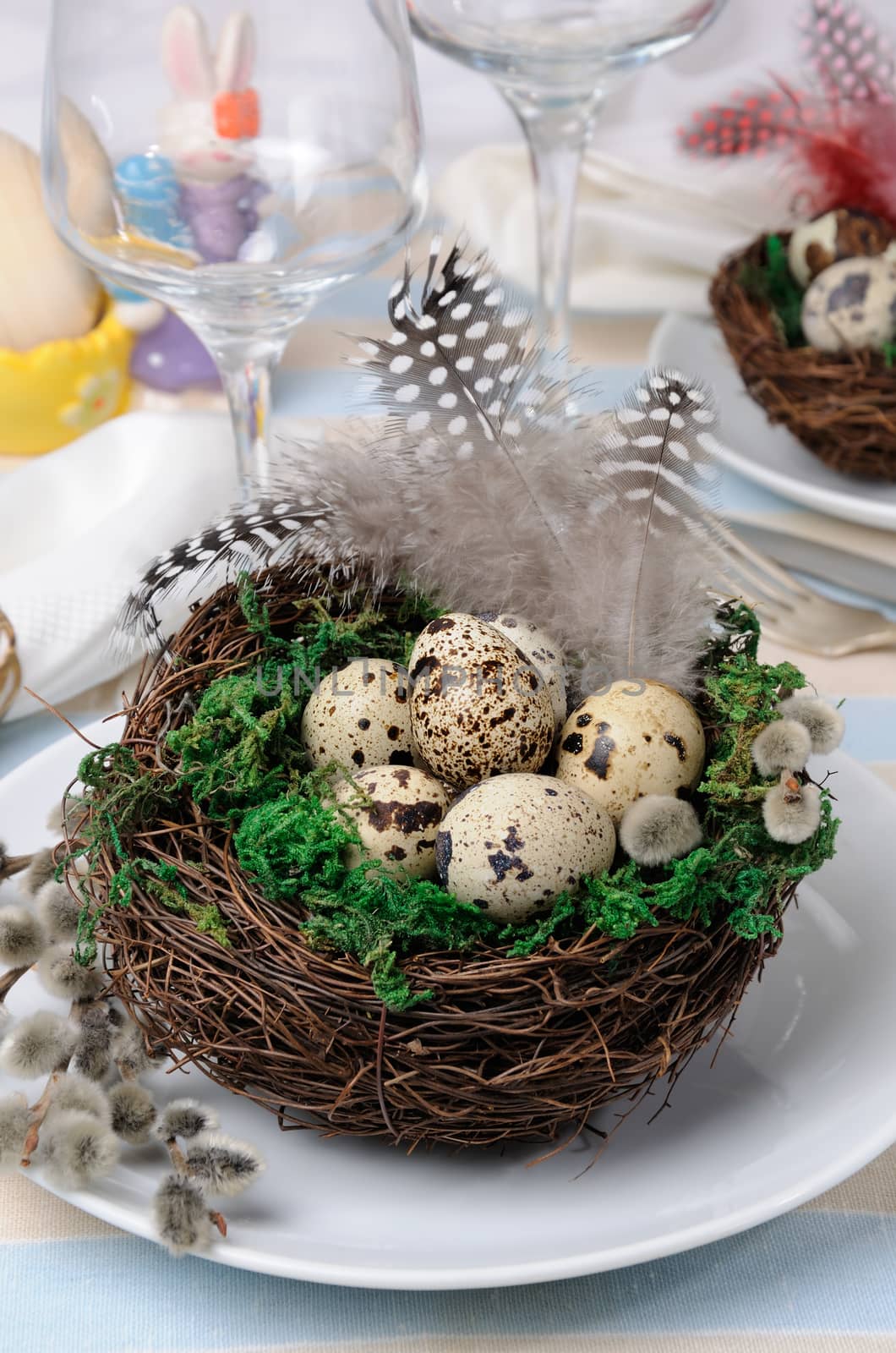 Quail eggs in a nest with green moss, pussy-willow branches and feathers on the table for Easter