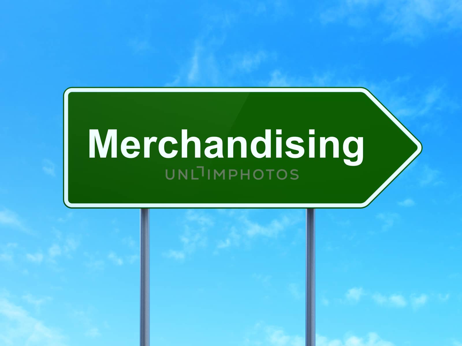 Advertising concept: Merchandising on green road highway sign, clear blue sky background, 3D rendering