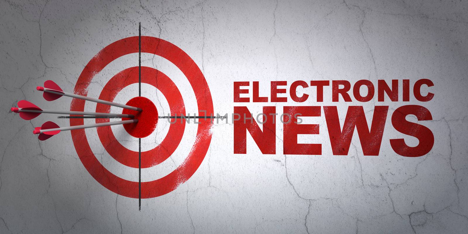 Success news concept: arrows hitting the center of target, Red Electronic News on wall background, 3D rendering