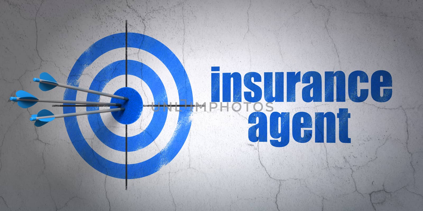 Success Insurance concept: arrows hitting the center of target, Blue Insurance Agent on wall background, 3D rendering