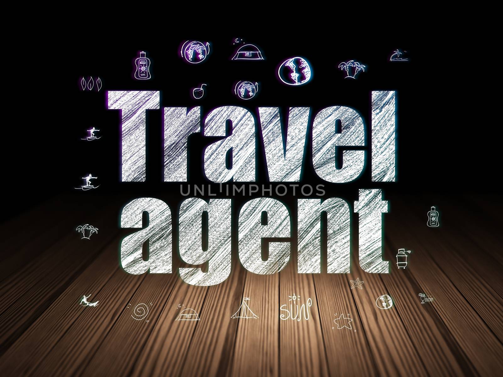 Travel concept: Glowing text Travel Agent,  Hand Drawn Vacation Icons in grunge dark room with Wooden Floor, black background