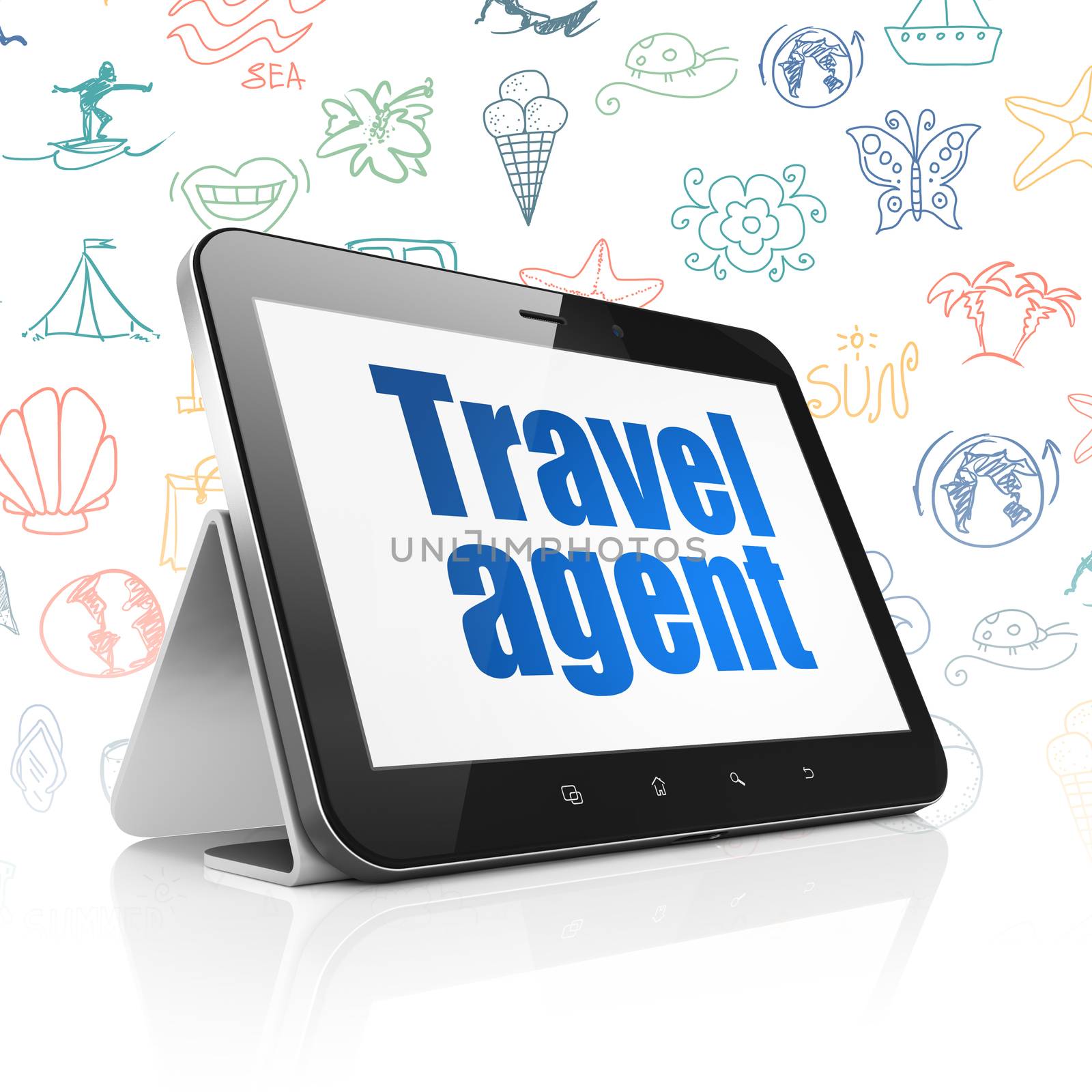 Travel concept: Tablet Computer with  blue text Travel Agent on display,  Hand Drawn Vacation Icons background, 3D rendering