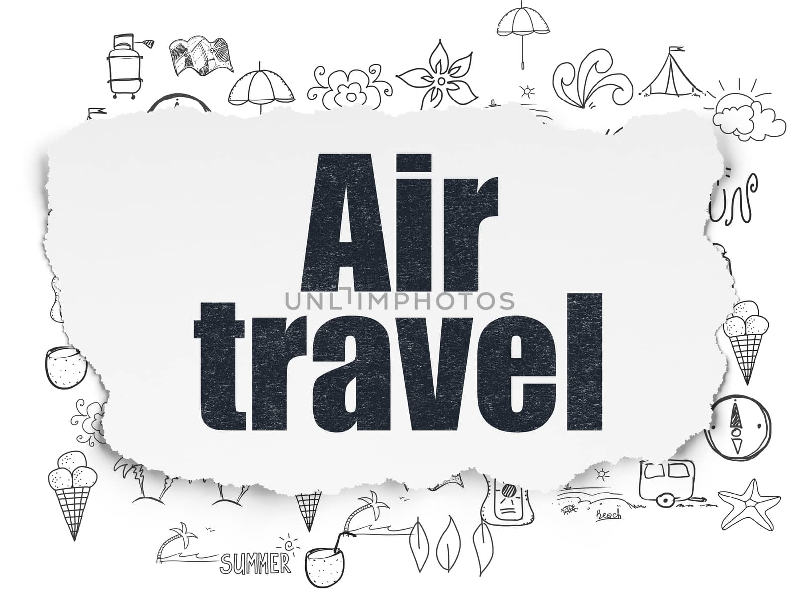 Travel concept: Painted black text Air Travel on Torn Paper background with  Hand Drawn Vacation Icons