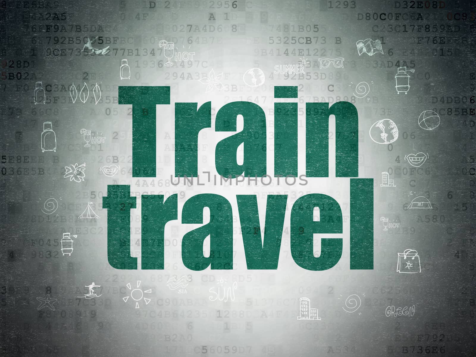 Vacation concept: Painted green text Train Travel on Digital Data Paper background with  Hand Drawn Vacation Icons