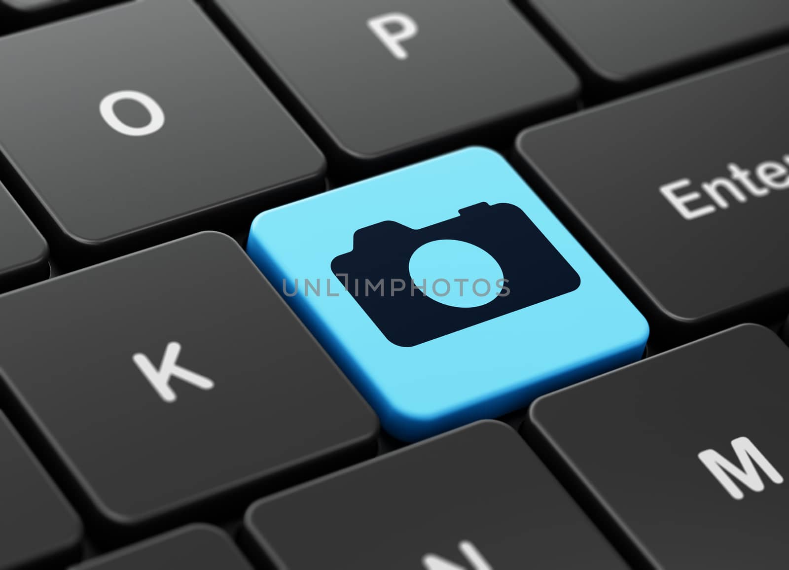 Tourism concept: computer keyboard with Photo Camera icon on enter button background, 3D rendering