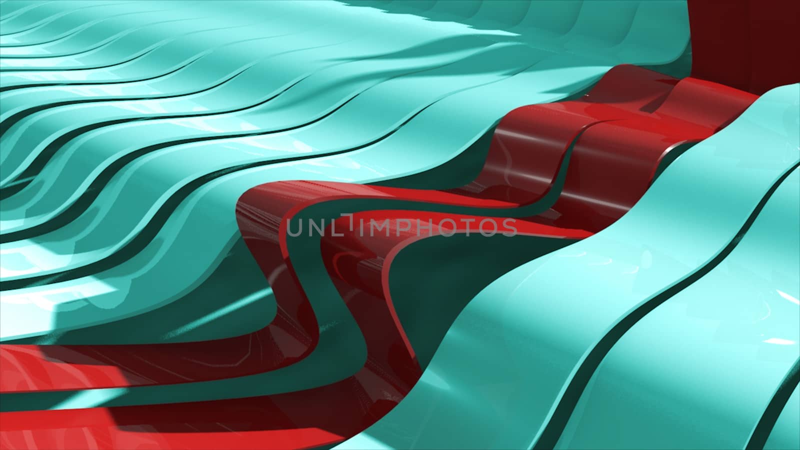 Abstract background with realistic waves lines. Red bend lines in the center. Technology backdrop. 3D rendering