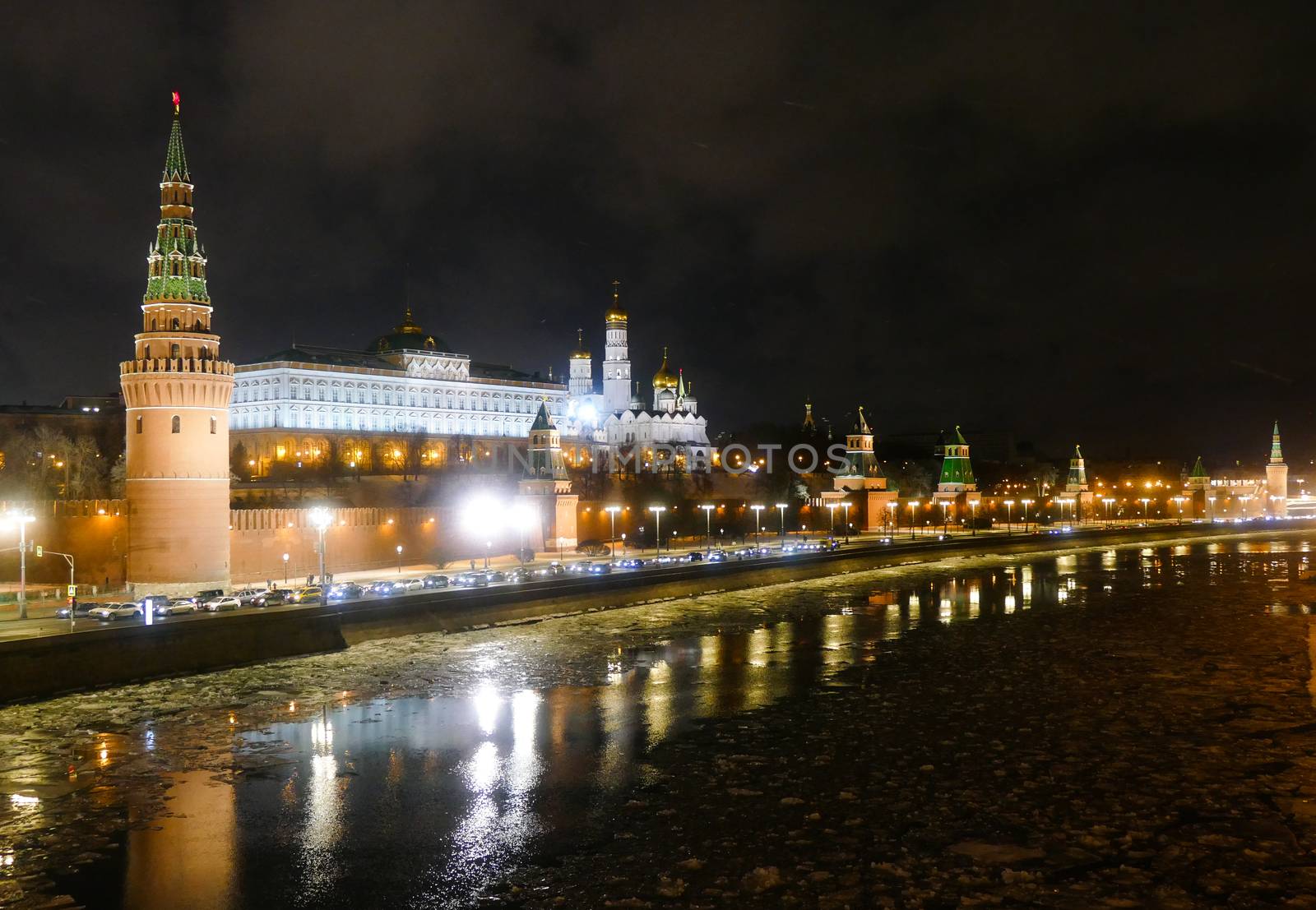 The Kremlin and the Moscow river at night in winter