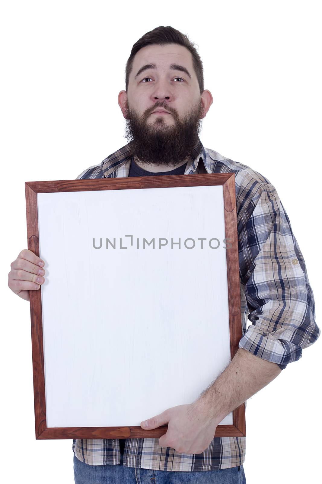 Bearded man in a plaid shirt holds a board for records on a white background