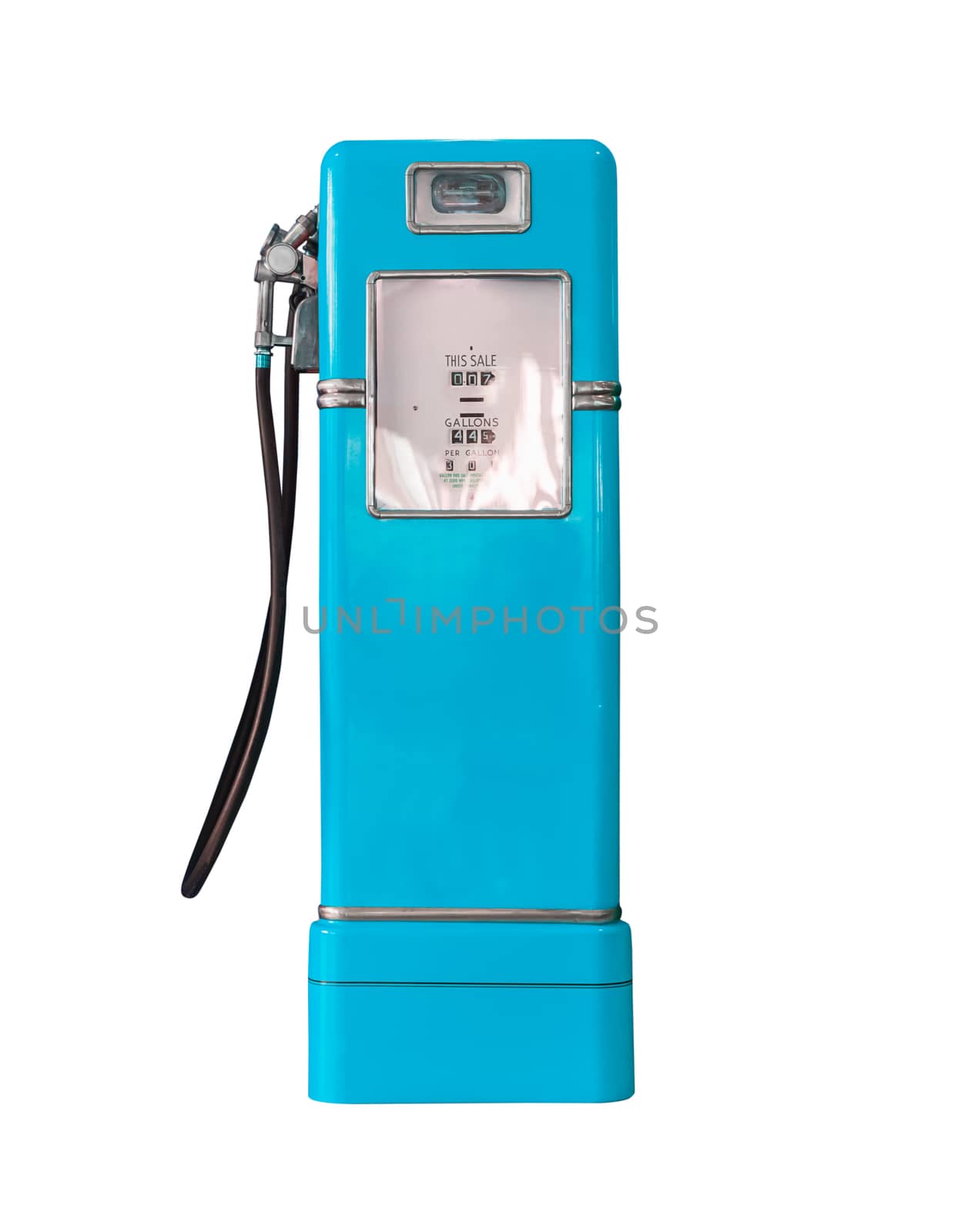 Old blue petrol gasoline pump isolate on white background