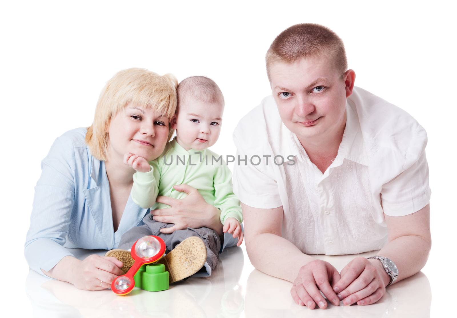 Happy Family of mother father and one year baby isolated