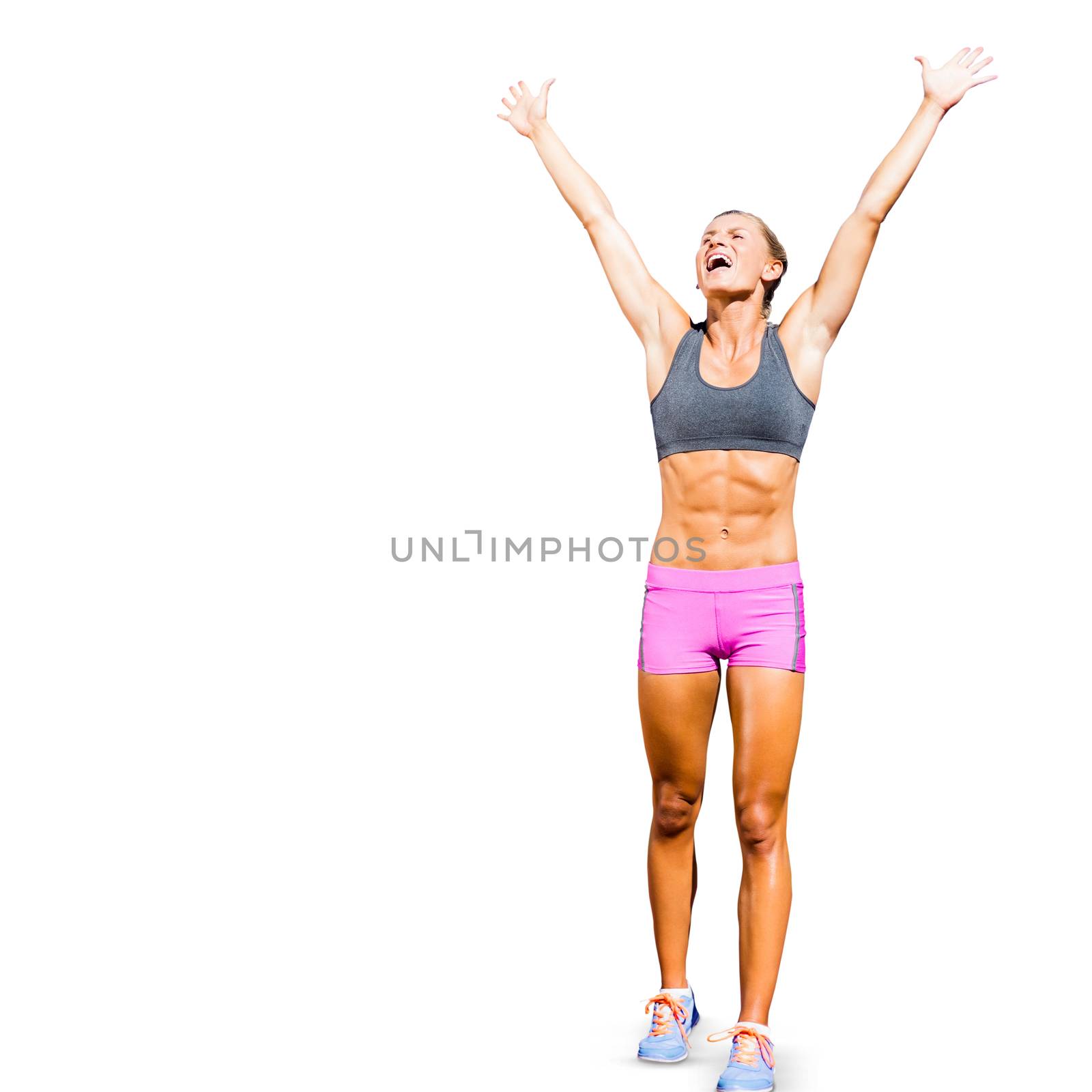 Sportswoman celebrating her victory in a white background 