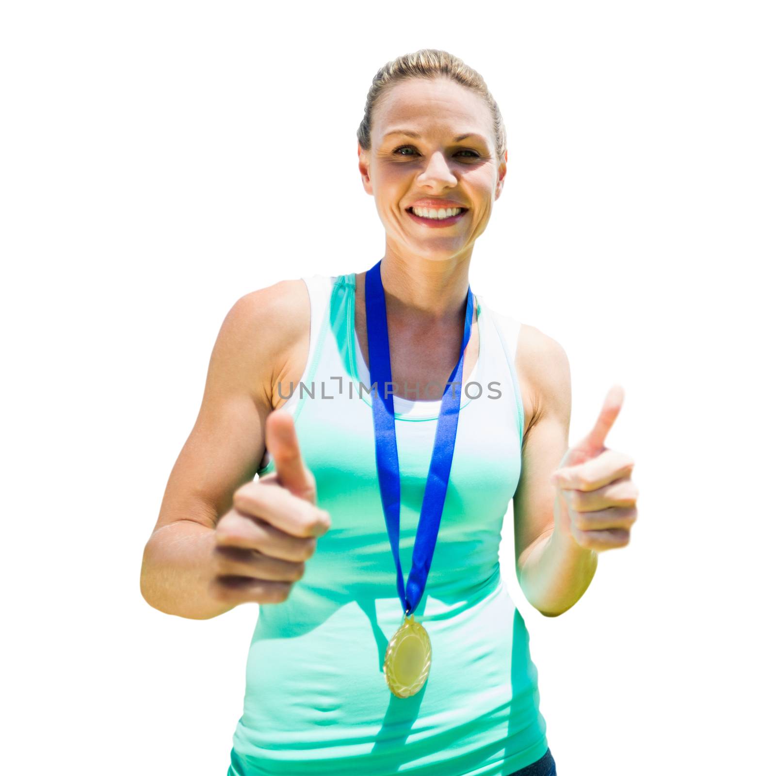 Portrait of smiling sportswoman holding a medal after a victory in a white background 