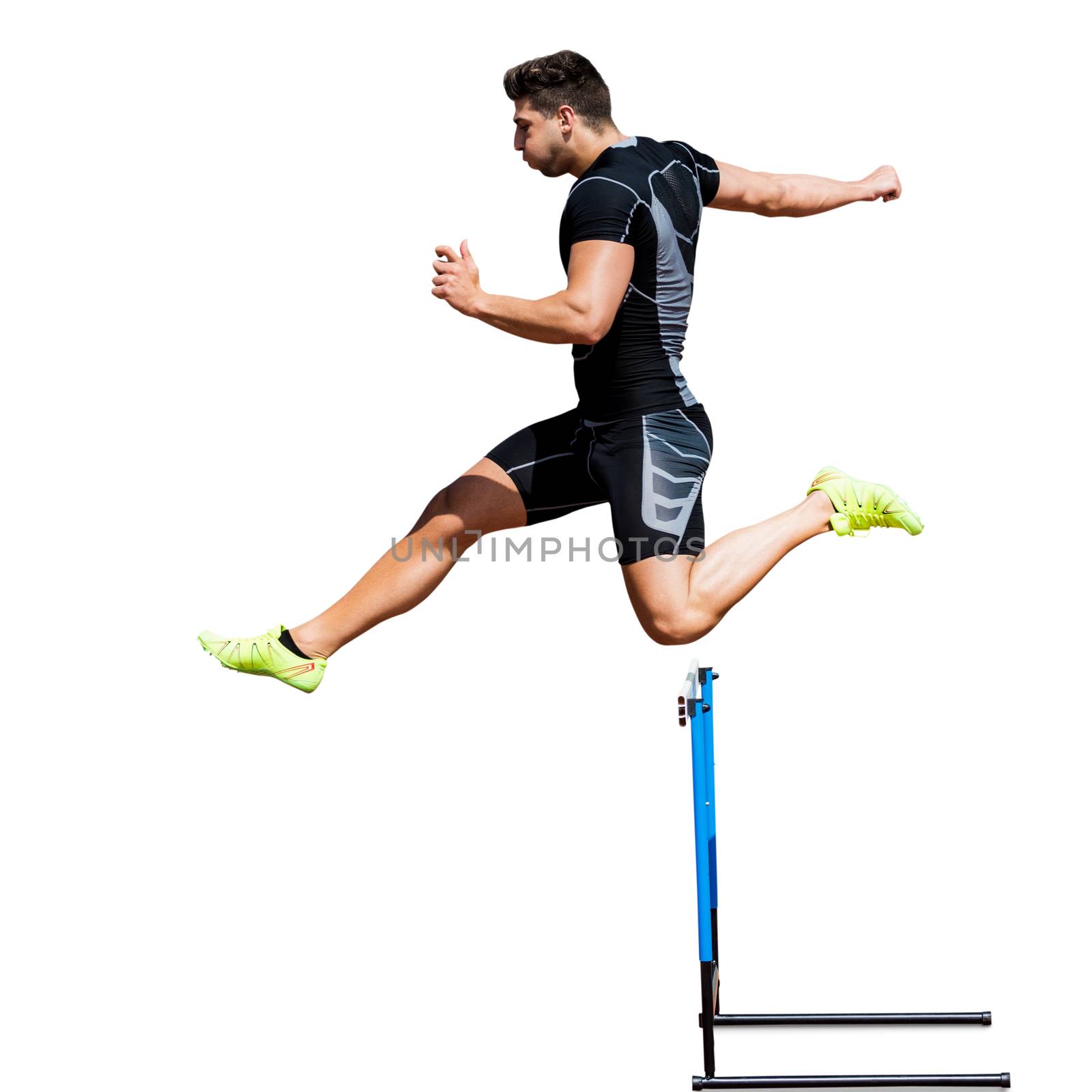Athletic man practicing show jumping in a white background 