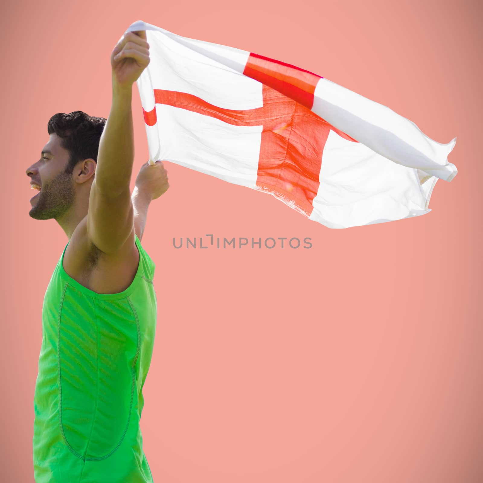 Profile view of sportsman holding an England flag against salmon background
