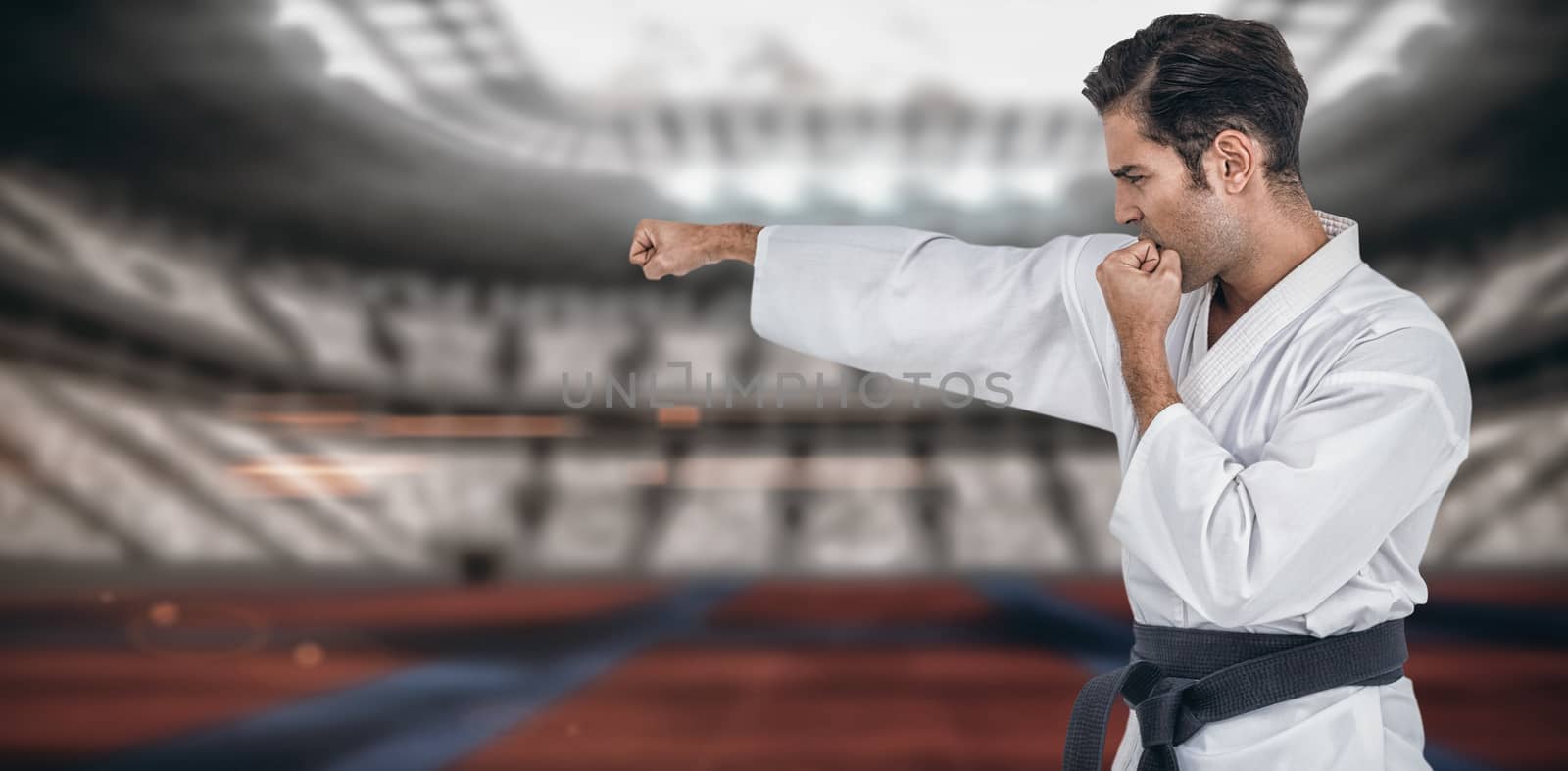 Fighter performing karate stance against digitally generated image of stadium