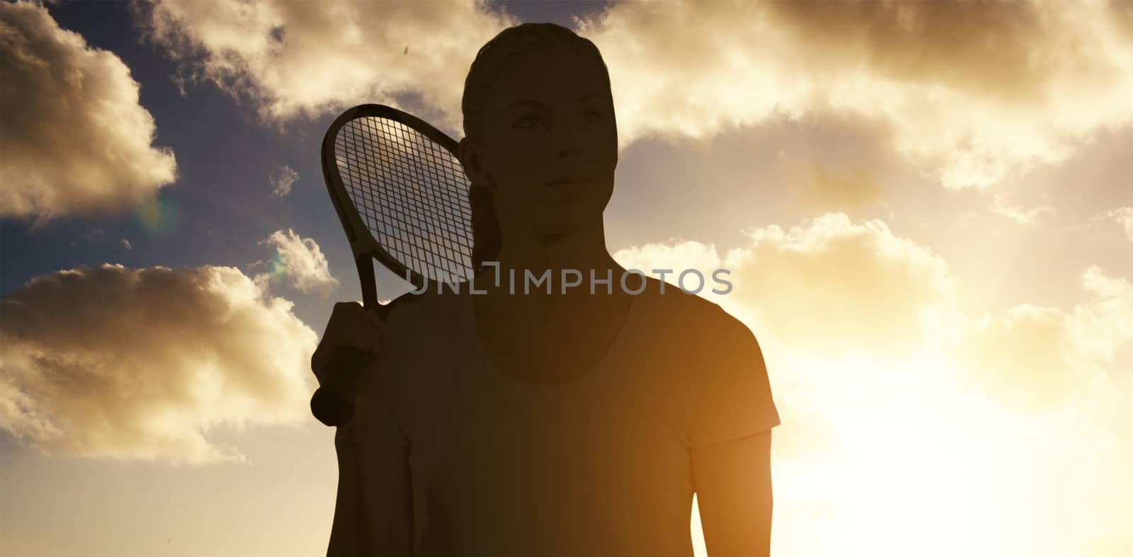 Female tennis player posing with racket against cloudy sky