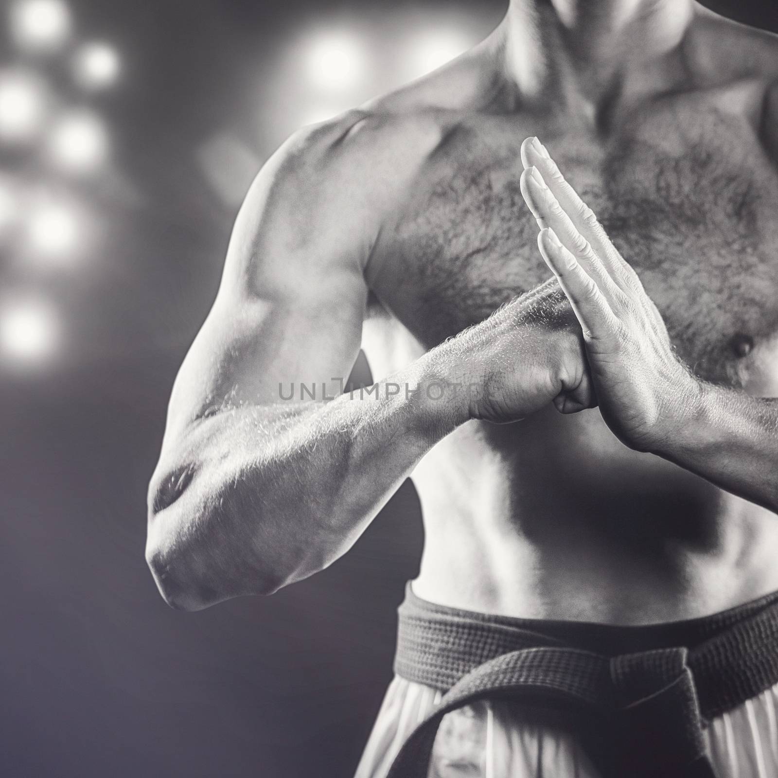 Fighter performing hand salute against composite image of spotlight 