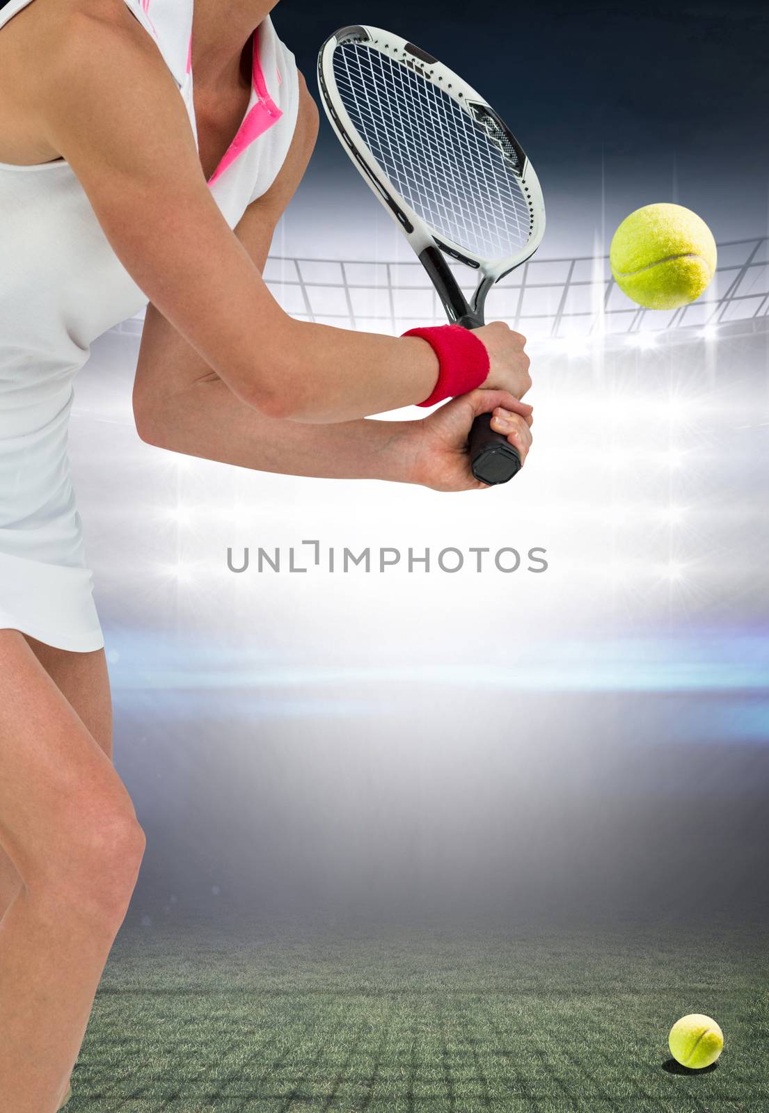 Athlete playing tennis with a racket  against american football arena