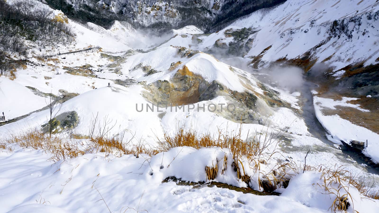 Closeup Noboribetsu onsen snow mountain hell valley by polarbearstudio