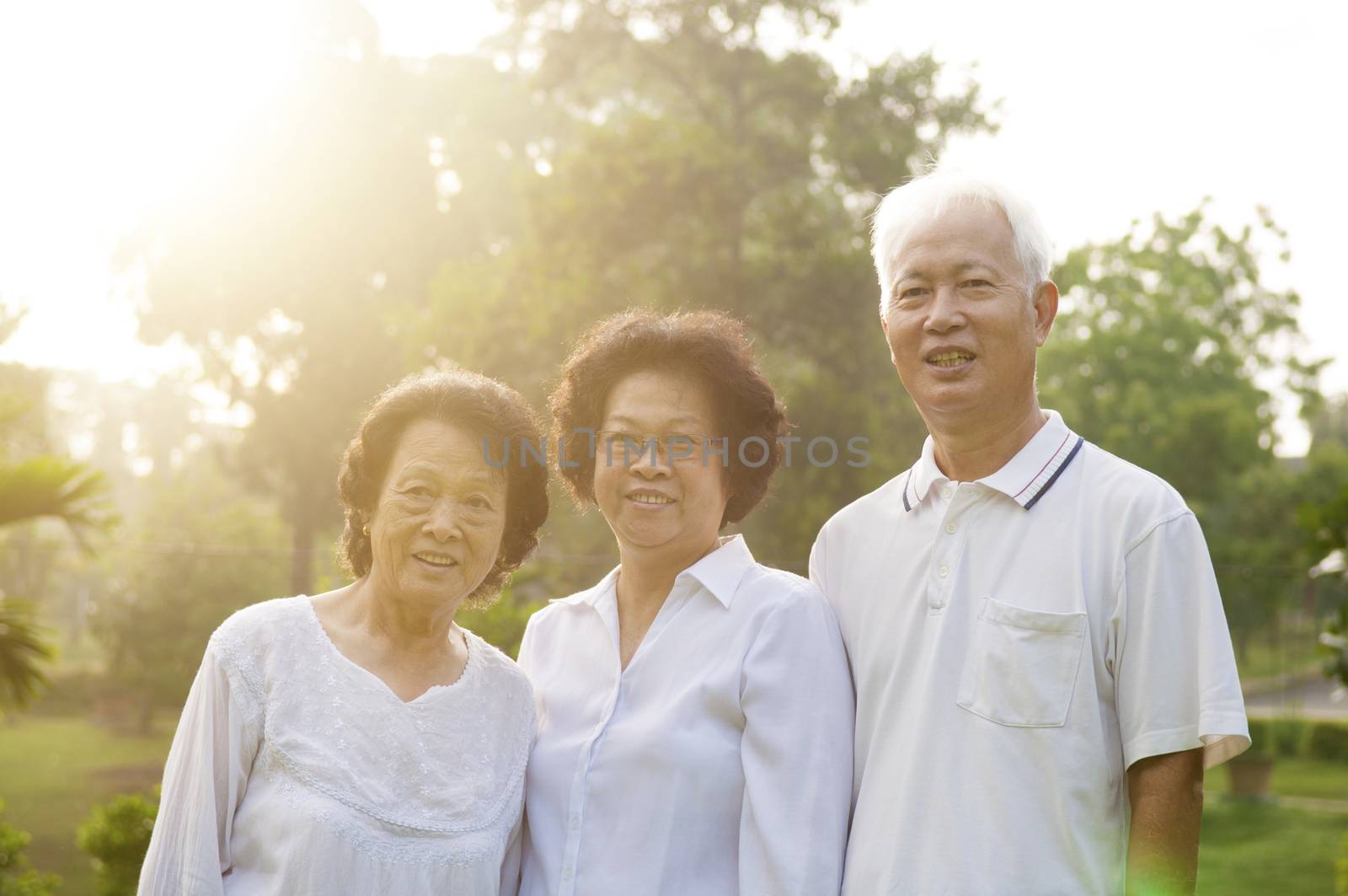 Group of healthy Asian seniors having good time at outdoor nature park, in morning beautiful sunlight at background.