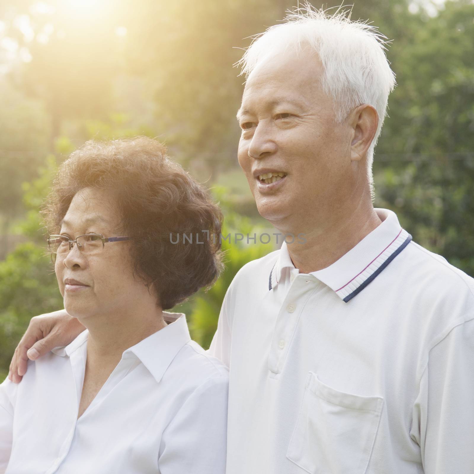 Portrait of healthy Asian seniors retiree couple looking away at outdoor nature park, morning beautiful sunlight background.